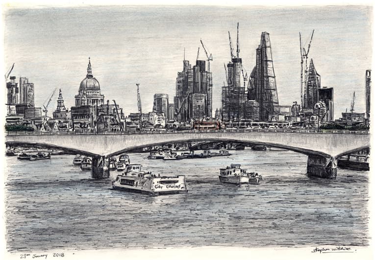 View of London skyline from Waterloo Bridge - Original Drawings and Prints for Sale