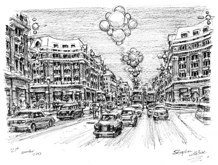 Regent Street at Christmas - Original Drawings and Prints for Sale