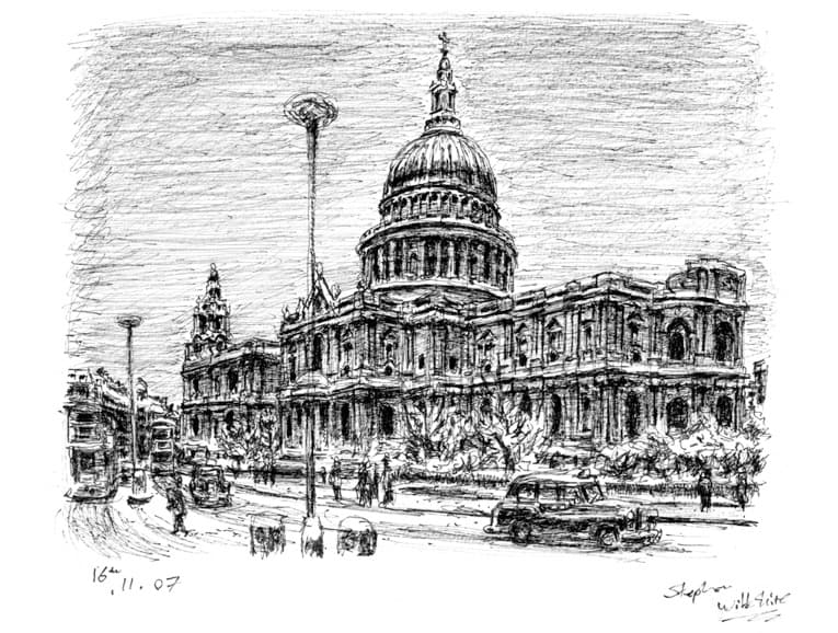 St Pauls Cathedral in snow - Original Drawings and Prints for Sale