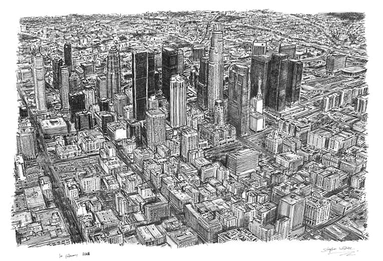 Aerial view of Los Angeles Skyline - Original Drawings and Prints for Sale