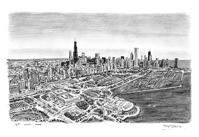 Aerial view of Chicago - Original Drawings and Prints for Sale