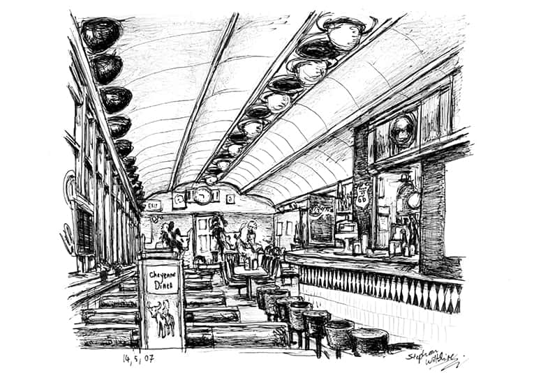 Cheyenne`s Diner in New York - Original Drawings and Prints for Sale