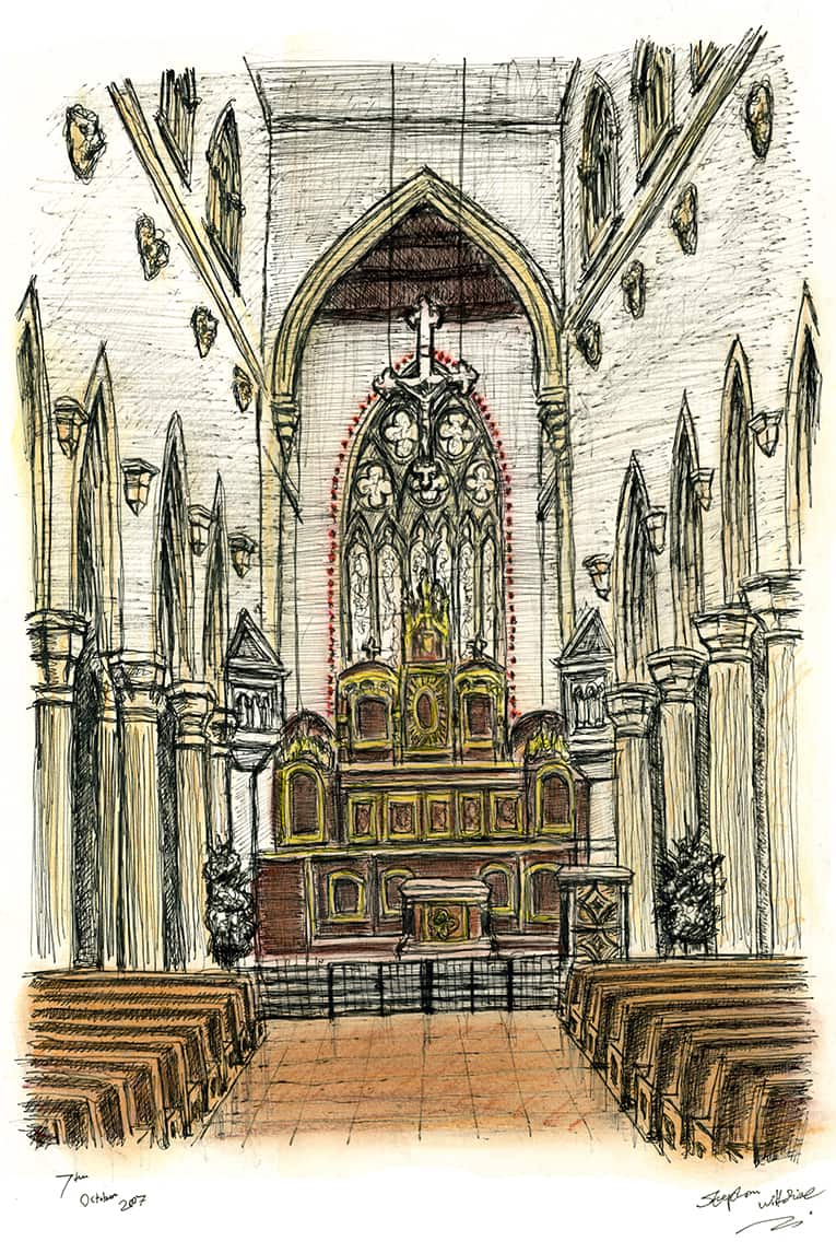Interior of St Mary of the Angels Church in Notting Hill - Original Drawings and Prints for Sale