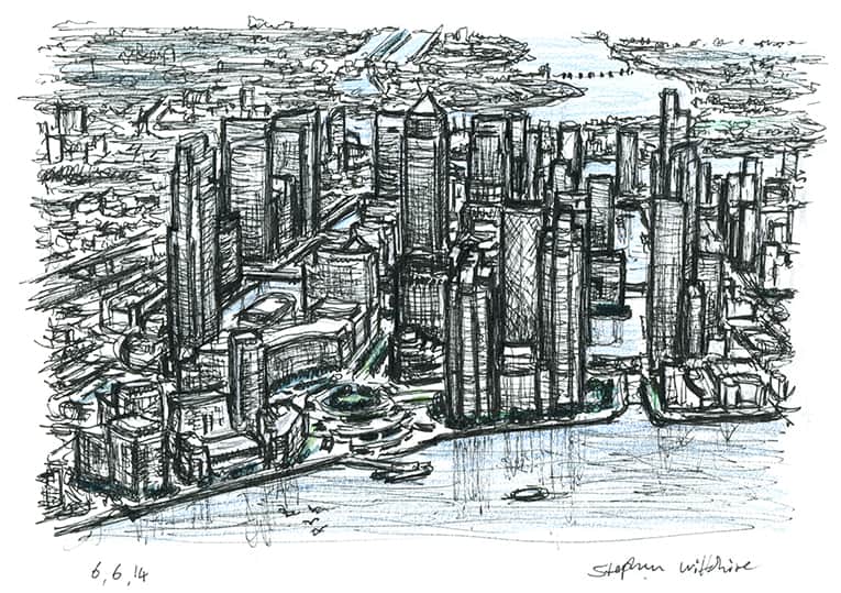 Aerial view of Canary Wharf in the future - Original Drawings and Prints for Sale