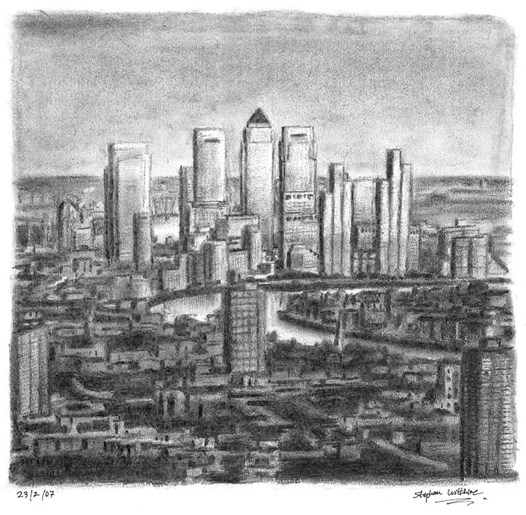 View of Canary Wharf - charcoal - Original Drawings and Prints for Sale