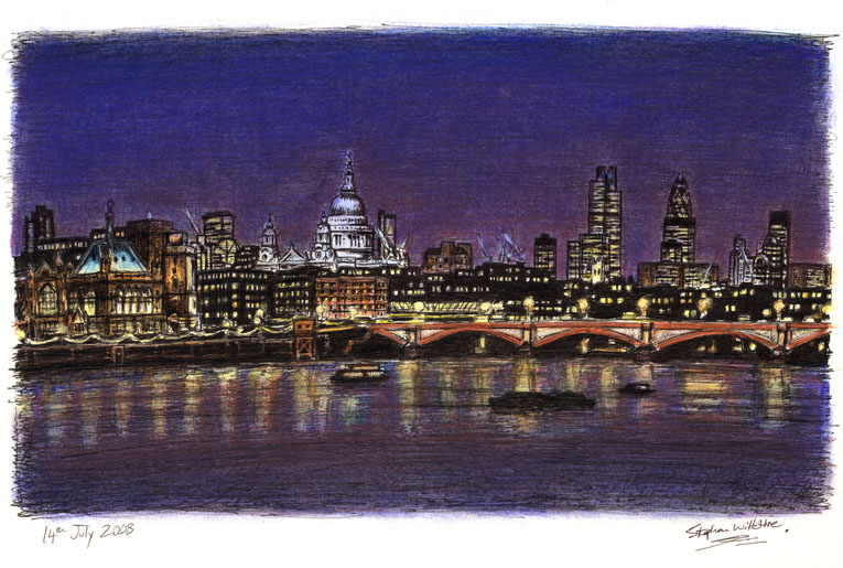St Pauls and London Skyline at night - Original Drawings and Prints for Sale