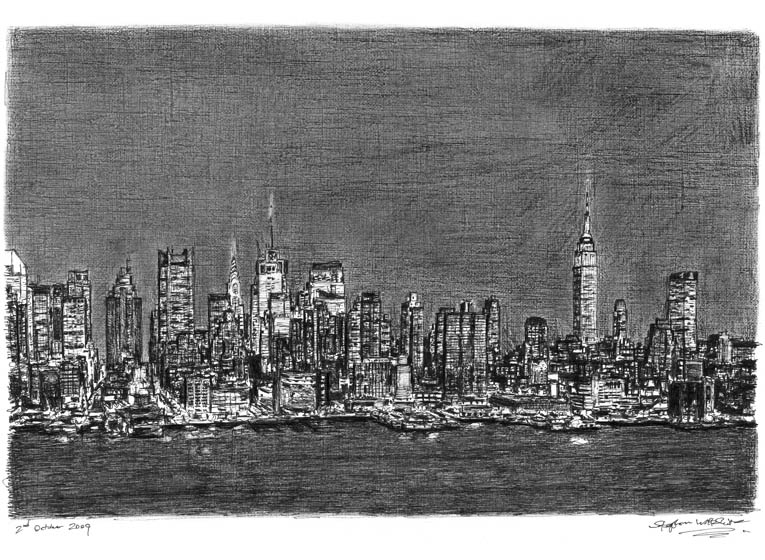 Manhattan Skyline at night - Original Drawings and Prints for Sale