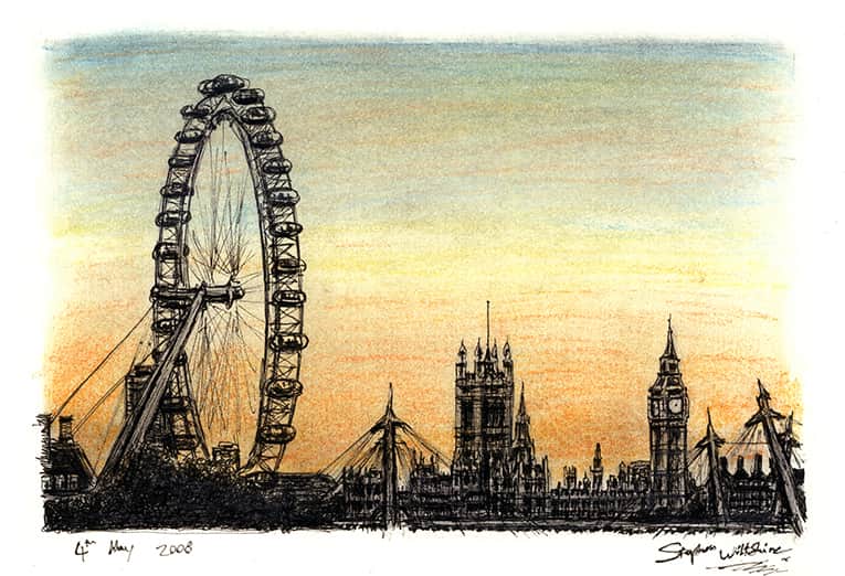 London Eye and Houses of Parliament - Original Drawings and Prints for Sale