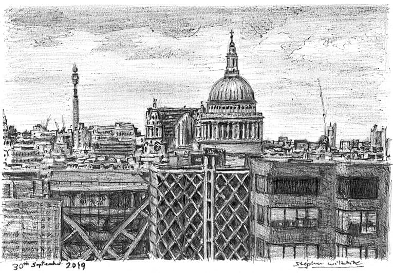 View of St Pauls Cathedral from the Monument - Original Drawings and Prints for Sale