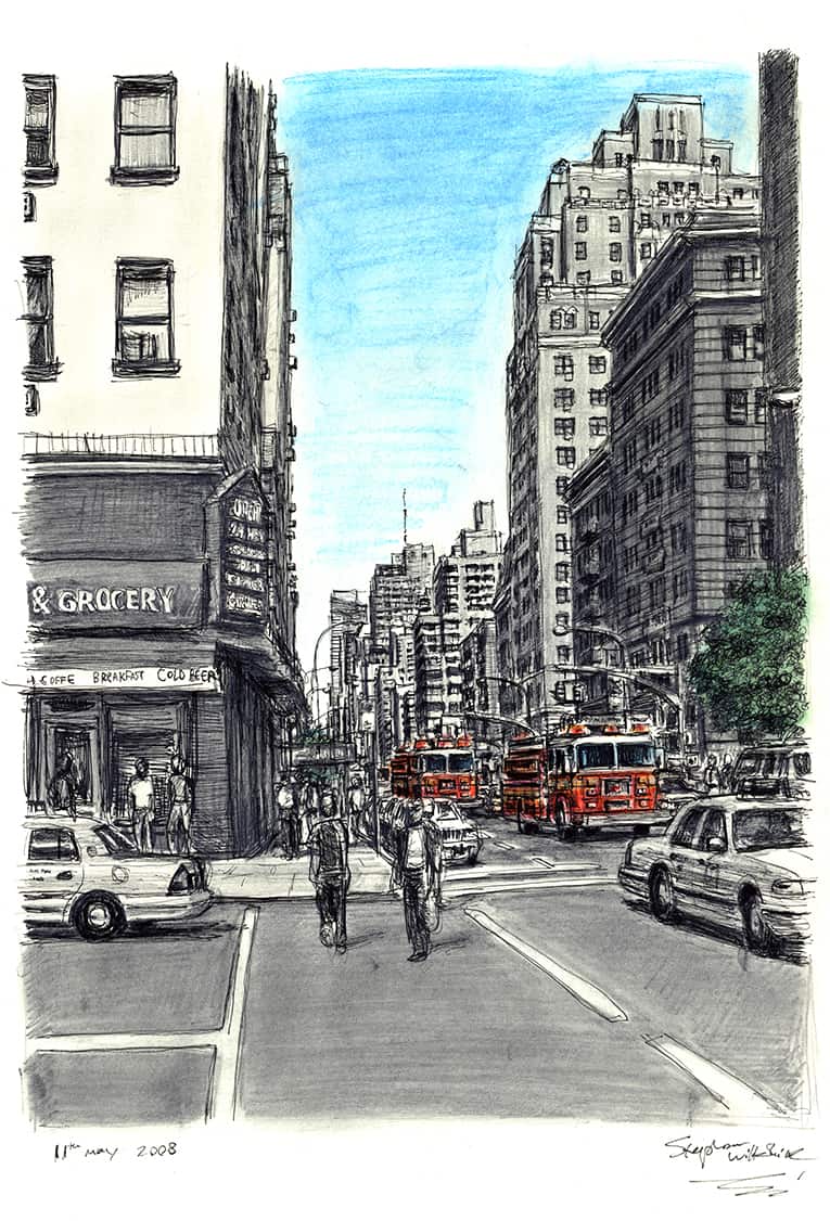 New York street scene with Fire Engines - Original Drawings and Prints for Sale