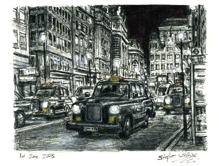 London Taxi Cab at Haymarket at night - Original Drawings and Prints for Sale