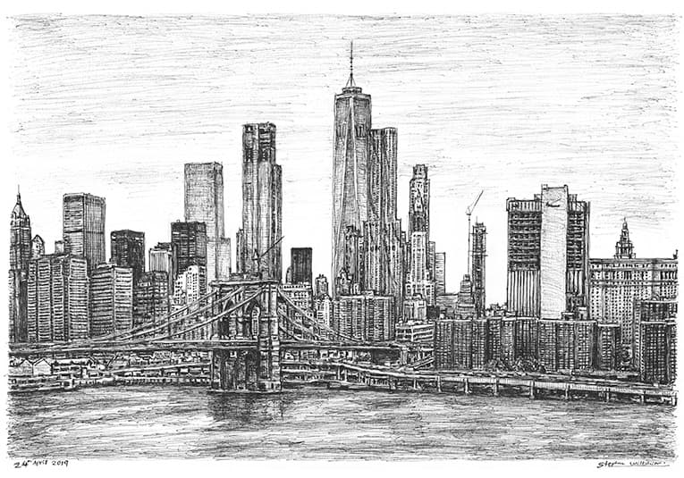 Brooklyn Bridge and One World Trade Center - Original Drawings and Prints for Sale