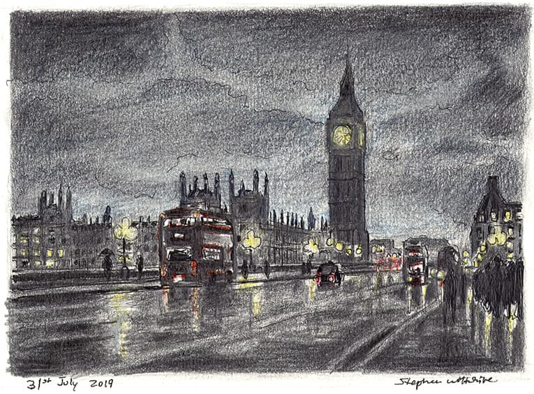 Big Ben, red bus and Houses of Parliament, London - Original Drawings and Prints for Sale