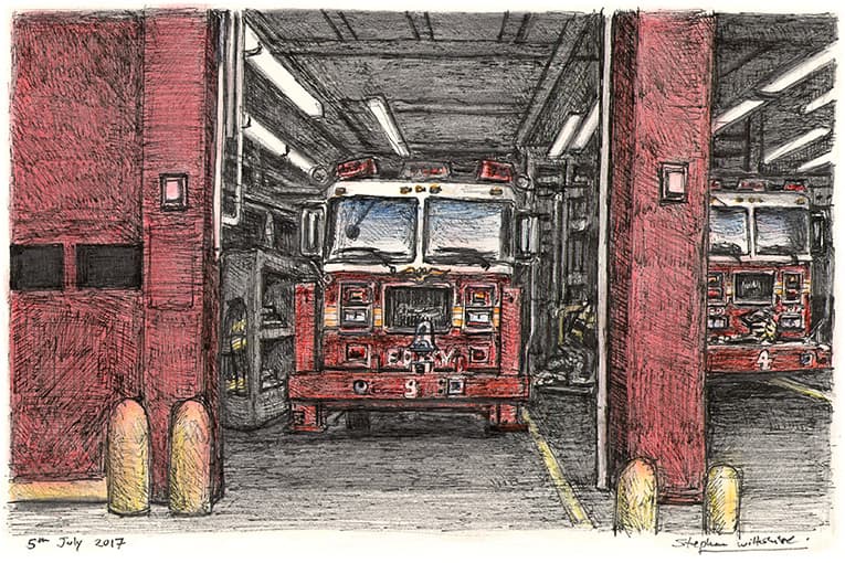 Fire truck at River Street, Lower Manhattan, New York - Original Drawings and Prints for Sale