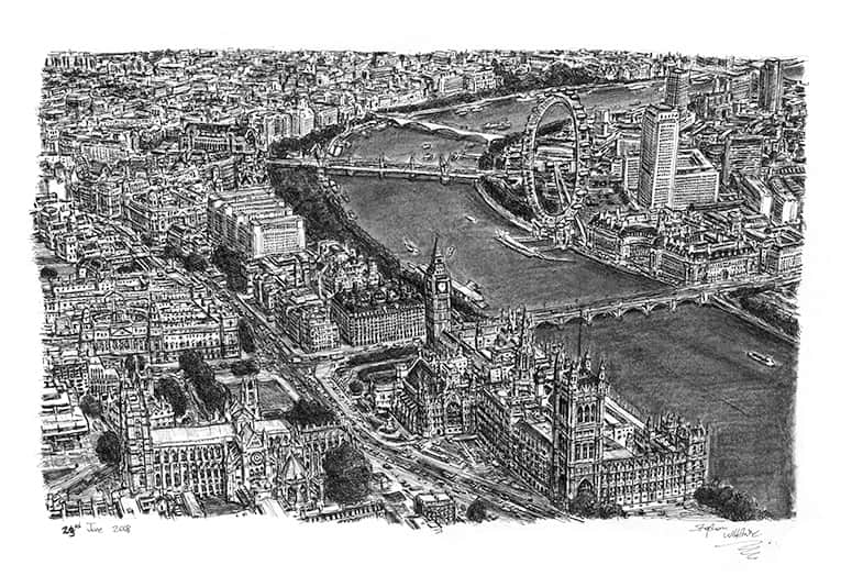 Aerial view of Houses of Parliament and Westminster Abbey - Original Drawings and Prints for Sale