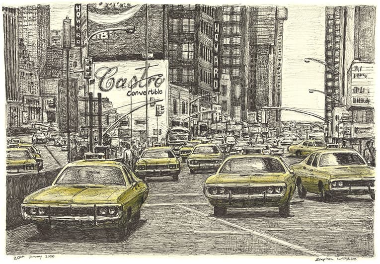 NYC yellow cabs at Time Square - Original Drawings and Prints for Sale