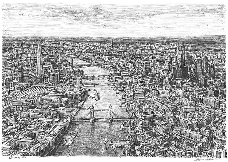 Aerial view of Tower Bridge and River Thames, London - Original Drawings and Prints for Sale