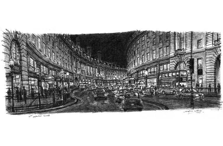 Regent Street at night - Original Drawings and Prints for Sale