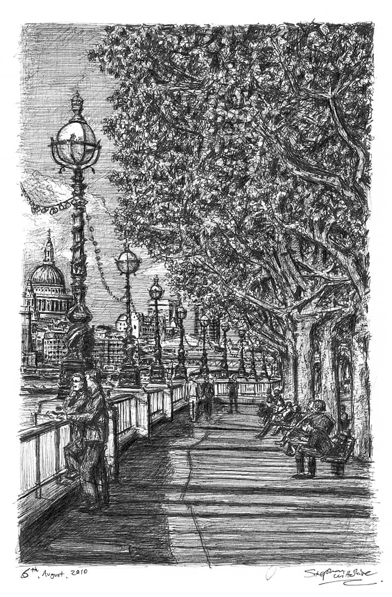 Riverside walk on the Southbank - Original Drawings and Prints for Sale
