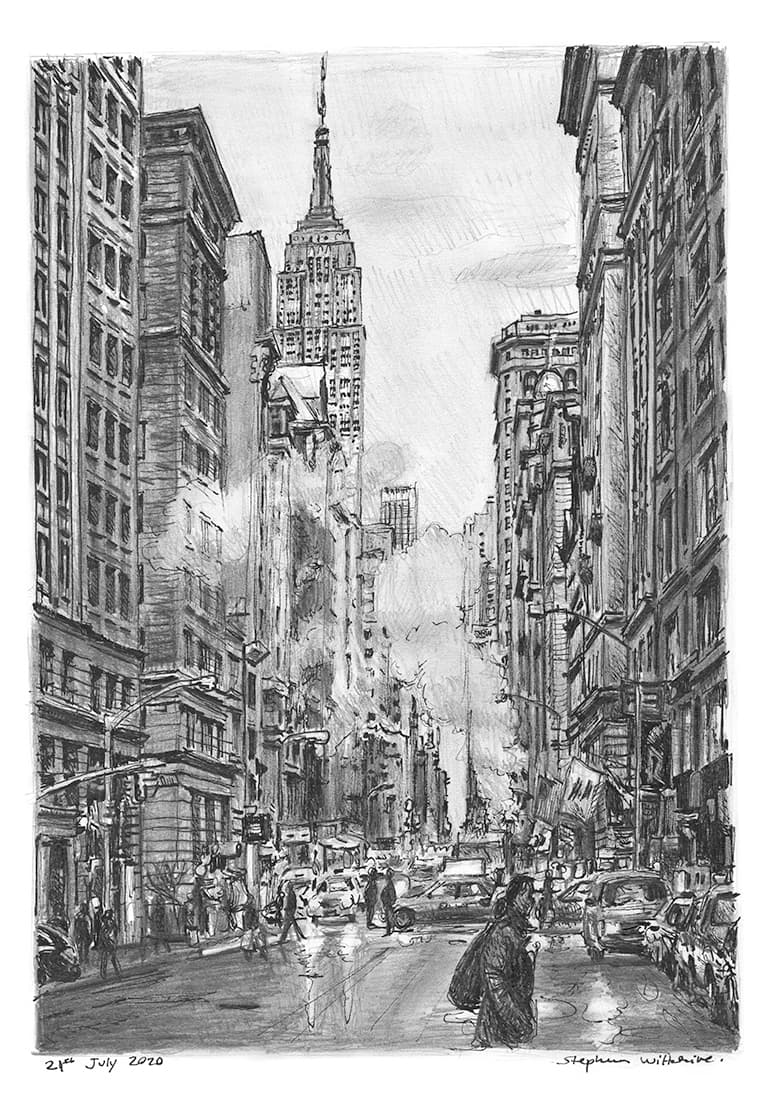5th Avenue street scene on a rainy day - Original Drawings and Prints for Sale