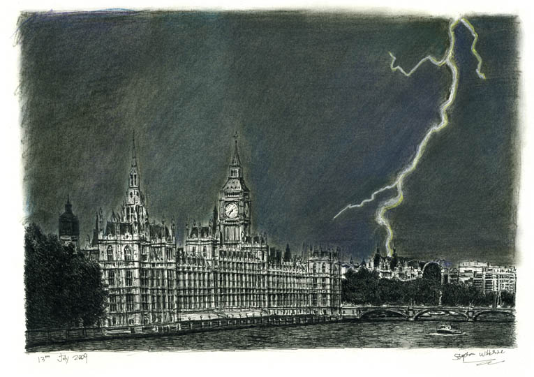 Lightning Strikes Parliament - Original Drawings and Prints for Sale