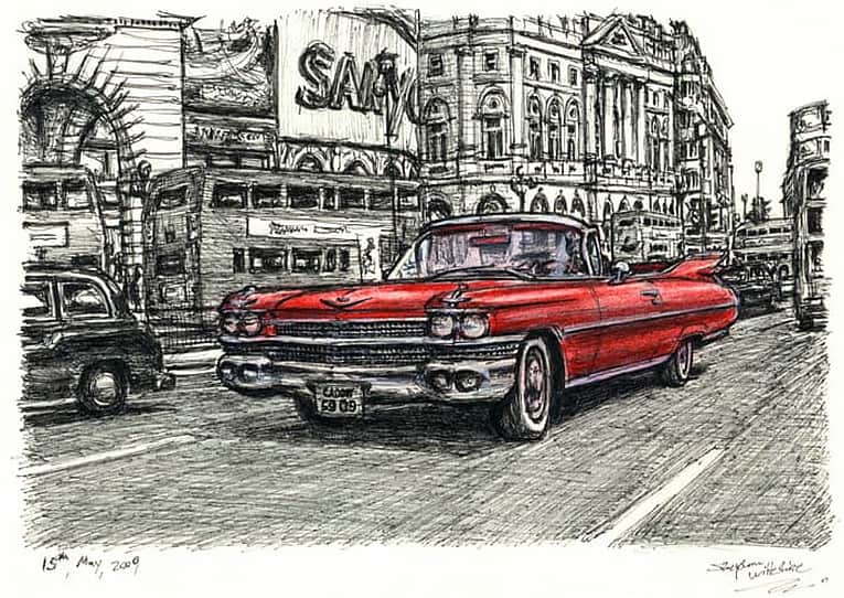 1959 Cadillac Convertible at Piccadilly Circus - Original Drawings and Prints for Sale