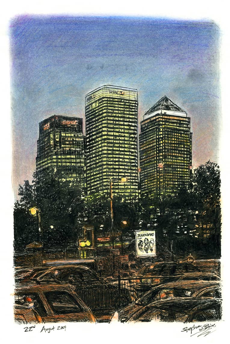 Canary Wharf at night - Original Drawings and Prints for Sale