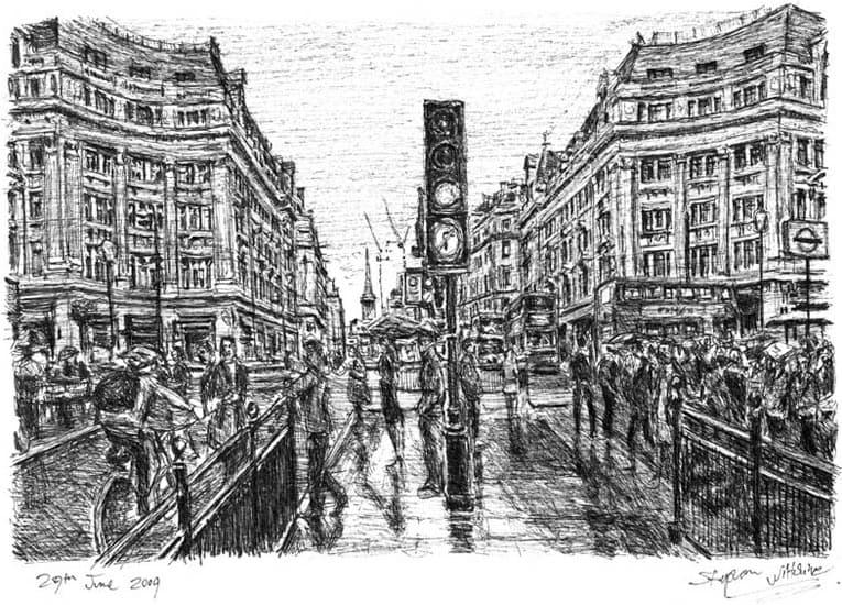 Oxford Street in the rain - Original Drawings and Prints for Sale