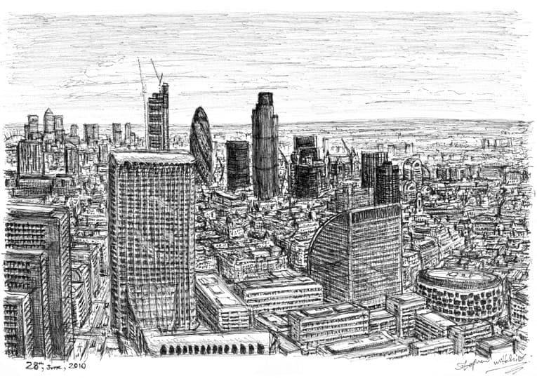 View from the top of Cromwell Tower, Barbican - Original Drawings and Prints for Sale