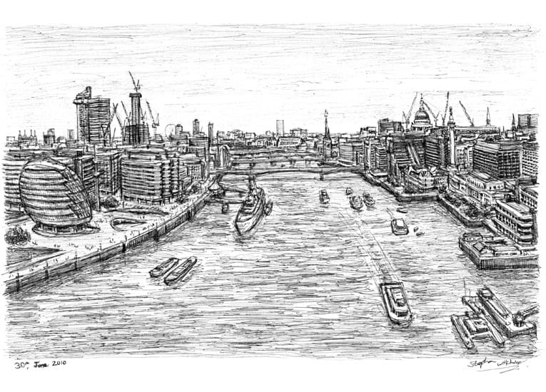 View of London from the turrets of Tower Bridge - Original Drawings and Prints for Sale