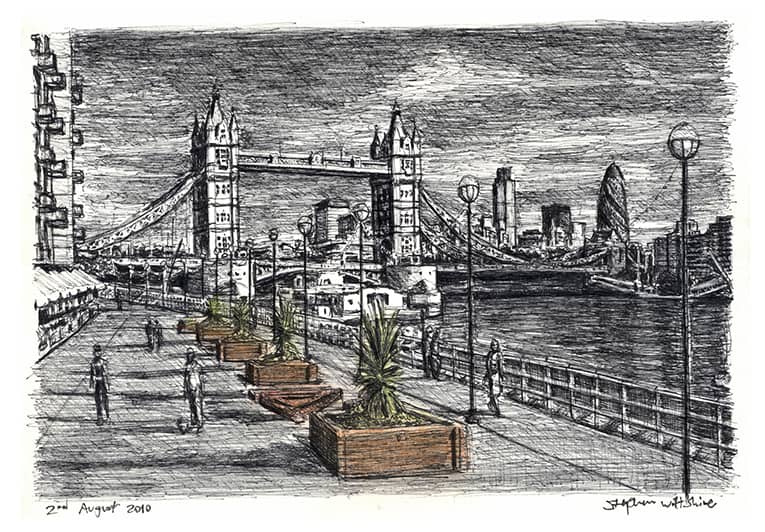 River Thames with Tower Bridge - Original Drawings and Prints for Sale