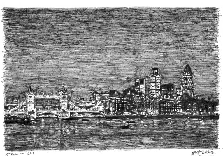 Tower Bridge and London City Skyline at night - Original Drawings and Prints for Sale