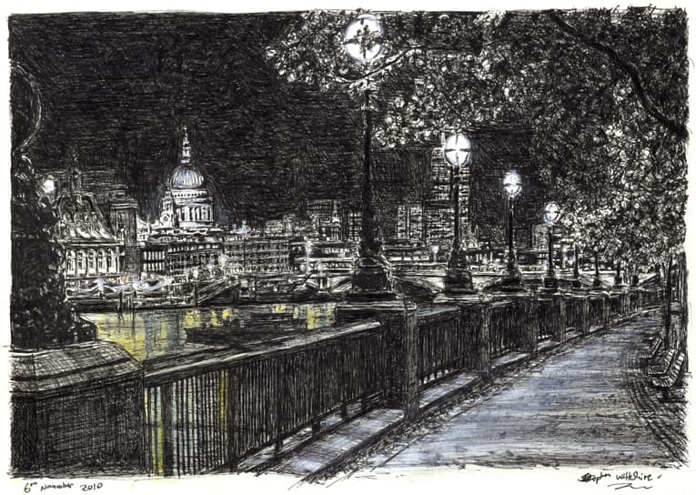 St Pauls and London skyline from Southbank at night - Original Drawings and Prints for Sale