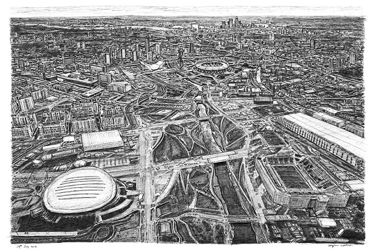 Aerial view of the Olympic village at Stratford - drawings and paintings by Stephen Wiltshire MBE