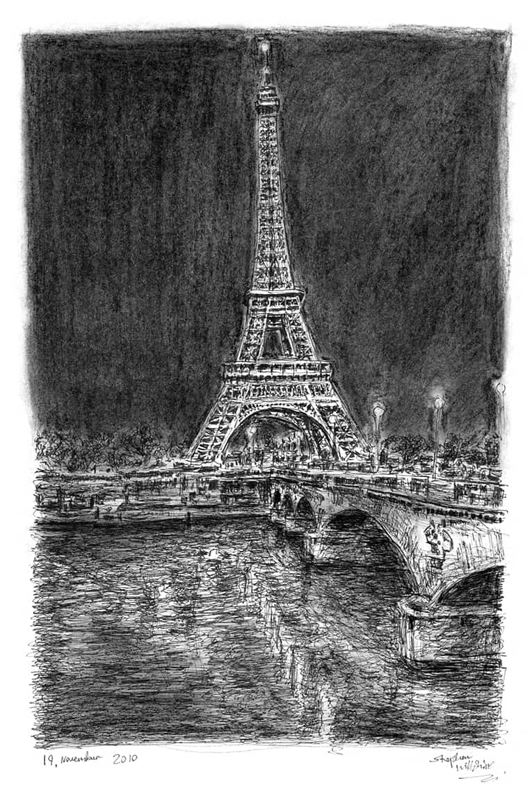 Eiffel Tower at night Paris - Original Drawings and Prints for Sale