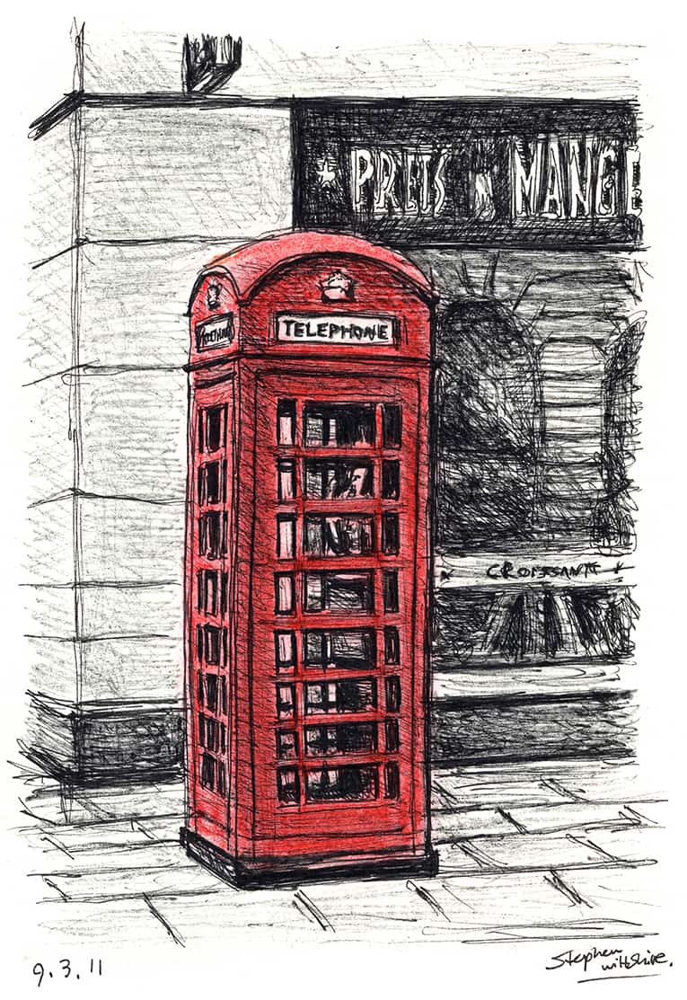 Telephone Box near the Royal Opera Arcade - Original Drawings and Prints for Sale