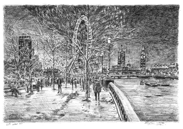 Winter scene at the Southbank - Original Drawings and Prints for Sale