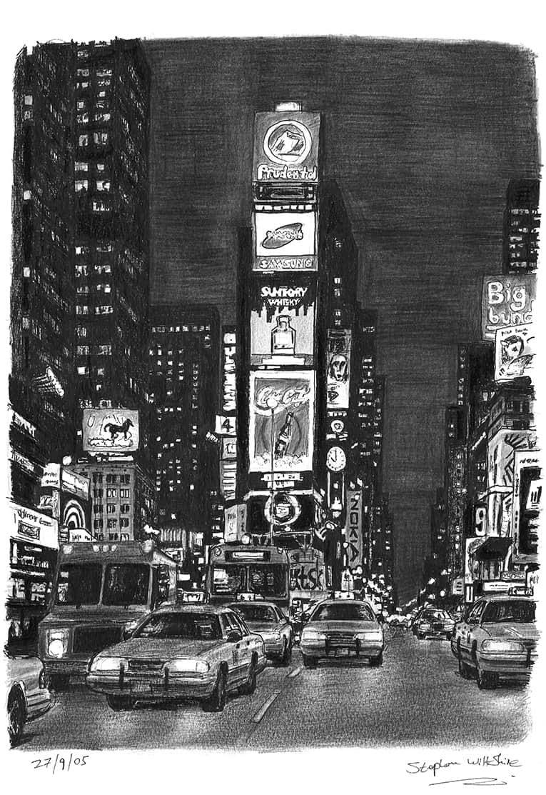 Times Square at night - Original Drawings and Prints for Sale