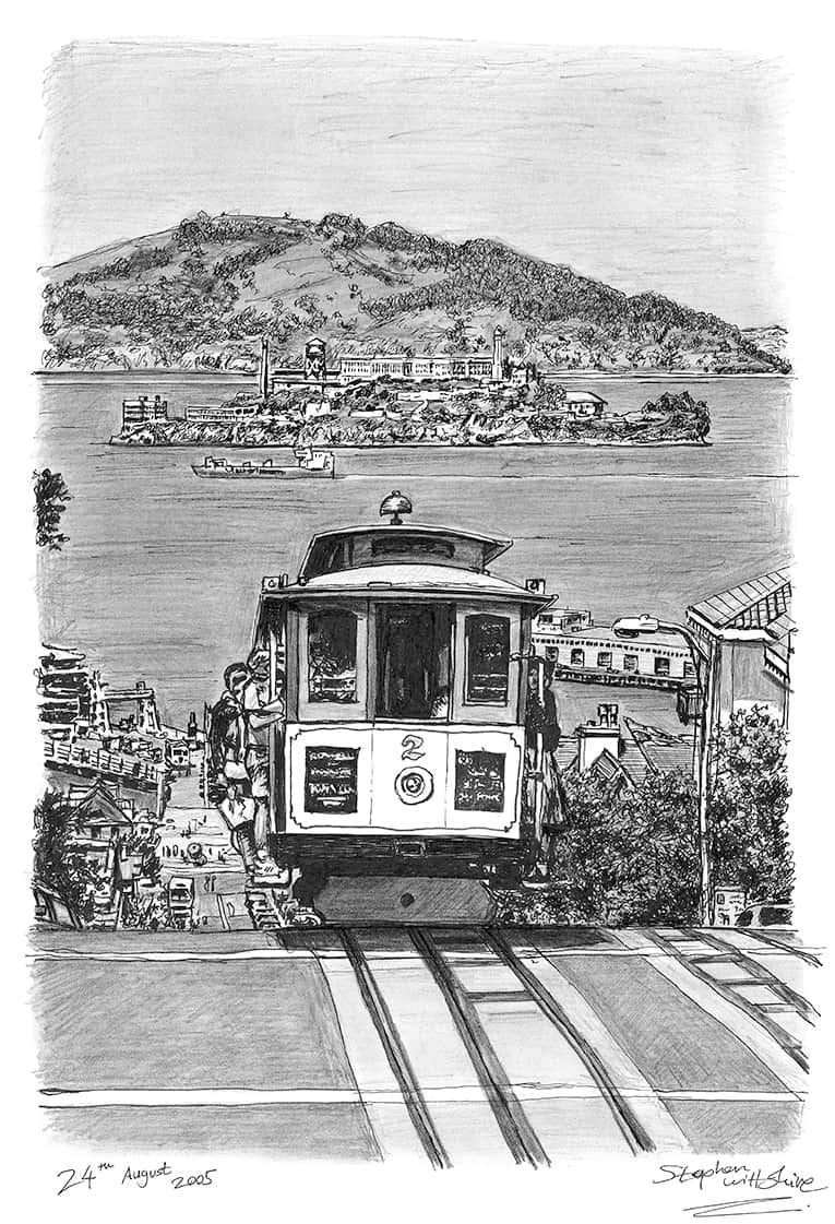 Cable car in San Francisco - Original Drawings and Prints for Sale