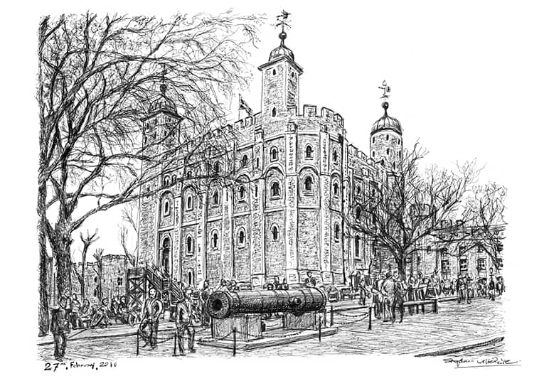 White Tower at Tower of London - Original Drawings and Prints for Sale