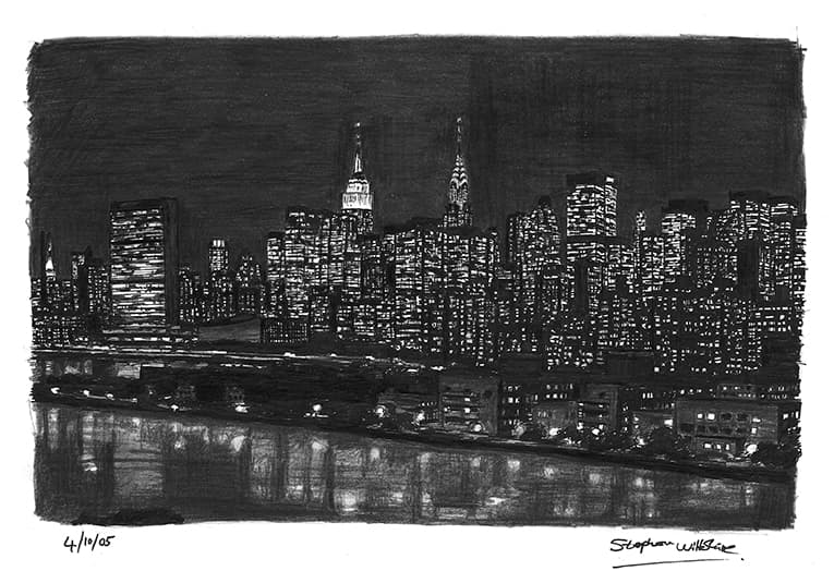 Manhattan Skyline at night - Original Drawings and Prints for Sale