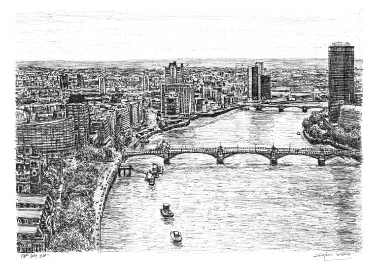 Aerial view of River Thames - Original Drawings and Prints for Sale