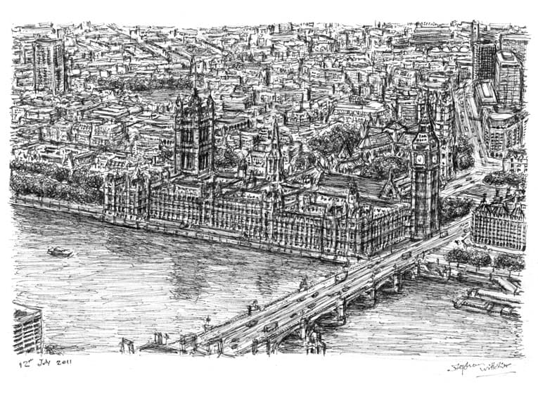 Aerial view of Houses of Parliament London - Original Drawings and Prints for Sale