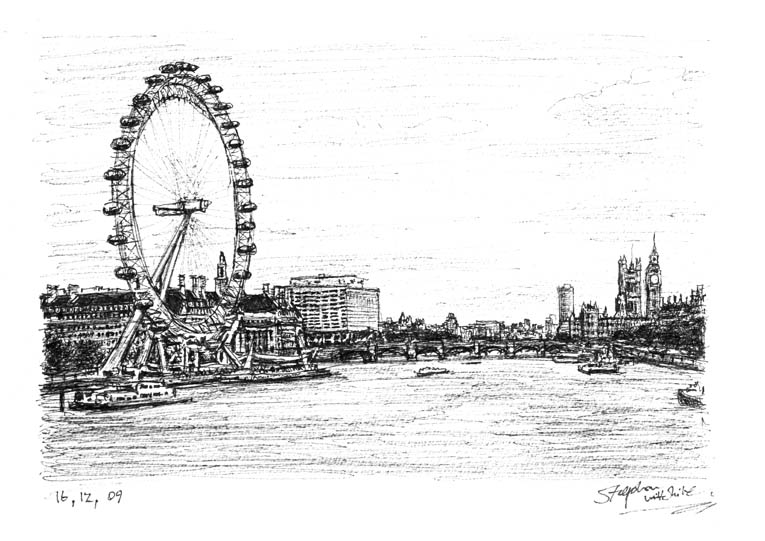 Birds Eye View of London Eye and Houses of Parliament - Original Drawings and Prints for Sale