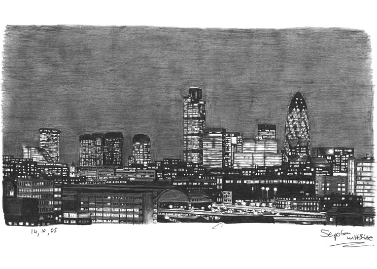 London City Skyline at night - Original Drawings and Prints for Sale