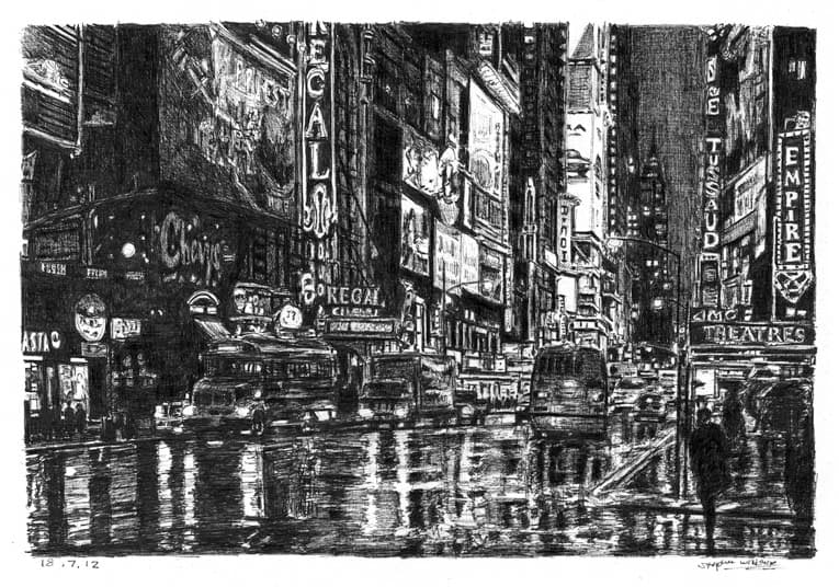Times Square street scene - Original Drawings and Prints for Sale
