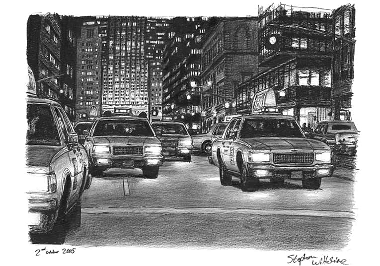 Some yellow New York taxis at Park Avenue at night - Original Drawings and Prints for Sale