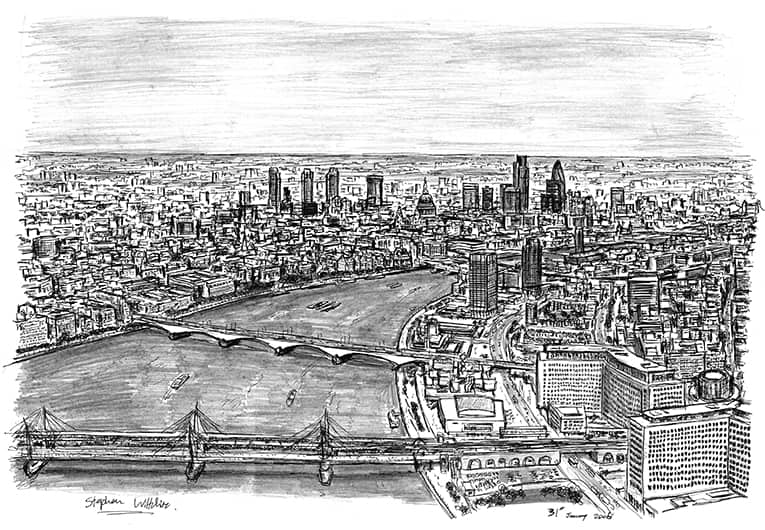 Birds eye view of London from London Eye - Original Drawings and Prints for Sale