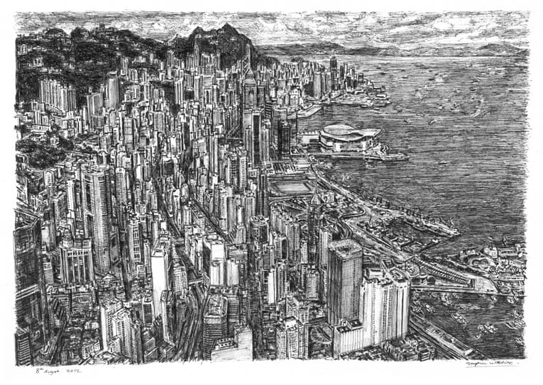 Aerial view of Hong Kong - Original Drawings and Prints for Sale