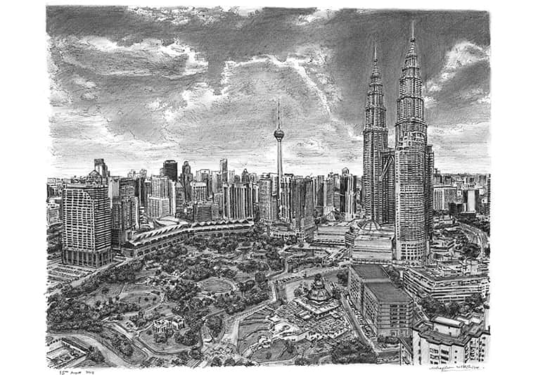 Kuala Lumpur skyline - Original Drawings and Prints for Sale